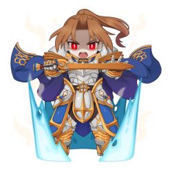  1boy armor armored_boots aura bio_lab blue_cape boots breastplate bright_pupils brown_hair cape chibi chibi_only closed_mouth curtained_hair faulds floating_hair full_body glowing glowing_eyes high_ponytail holding holding_sword holding_weapon leg_armor long_hair looking_at_viewer male_focus official_alternate_costume official_art open_mouth pauldrons ponytail ragnarok_online randel_lawrence red_eyes royal_guard_(ragnarok_online) shaded_face shoulder_armor simple_background solo standing sword tachi-e teeth transparent_background upper_teeth_only weapon white_pupils yuichirou 