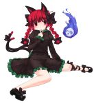  braid cat_ears cat_tail hair_ribbon highres kaenbyou_rin kt2 multiple_tails red_eyes red_hair redhead ribbon short_hair solo tail touhou transparent_background twin_braids twintails 