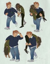  2boys arm_hair blush carrying carrying_over_shoulder carrying_under_arm dark-skinned_male dark_skin denim fat fat_man full_body grey_hair highres indigonite jacket jeans jonathan_sims long_hair male_focus martin_blackwood messy_hair multiple_boys orange_hair pants princess_carry shoes short_hair sneakers sweater the_magnus_archives toon_(style) walking 