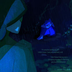  2girls barefoot blue_hair blue_skin cave colored_skin commentary dress english_commentary from_behind full_body highres lapis_lazuli_(thefaeriemerchant) multiple_girls night original outdoors peridot_facet_6c4t_cut_2xj rain sitting steven_universe thefaeriemerchant upper_body 