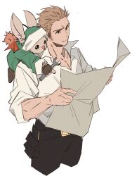  1boy 1other animal_ear_fluff animal_ears balthier beard_stubble black_pants brown_hair collared_shirt commentary_request cowboy_shot creature_on_head cropped_legs facial_hair final_fantasy final_fantasy_xii fingerless_gloves furrowed_brow garbage_paper gloves highres holding holding_paper holding_wrench korean_commentary male_focus pants paper rabbit_ears shirt sideburns sleeves_rolled_up stubble white_background white_shirt wrench 