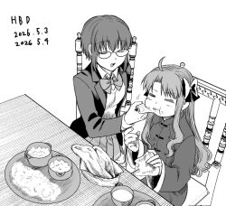  2girls ahoge arima_miyako chinese_clothes ciel_(tsukihime) curry curry_rice eating food greyscale hair_ribbon long_hair metarogu monochrome multiple_girls ribbon rice short_hair tsukihime 