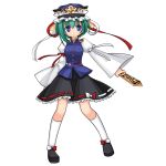  aoilio blue_eyes frown green_hair hat highres pigeon-toed ribbon rod_of_remorse shikieiki_yamaxanadu short_hair solo touhou transparent_background wide_sleeves 