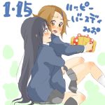  akiyama_mio black_hair brown_eyes brown_hair gift happy_birthday holding holding_gift hug k-on! long_hair miyo_(aenmix) multiple_girls red_scarf school_uniform tainaka_ritsu yuri 