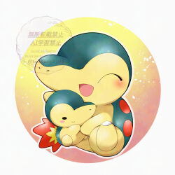  blush character_and_character_item character_doll commentary_request cyndaquil doll fire full_body happy highres no_humans nostrils open_mouth outline pokemon pokemon_(creature) sitting smile tsukasa_pika watermark white_outline 