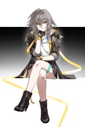  1girl absurdres black_boots black_gloves black_jacket black_skirt boots closed_mouth commentary_request full_body gloves gradient_background grey_hair hair_between_eyes hand_on_own_chin hand_on_own_knee high_heel_boots high_heels highres honkai:_star_rail honkai_(series) invisible_chair jacket long_hair looking_at_viewer shirt sitting skirt solo stelle_(honkai:_star_rail) thigh_strap trailblazer_(honkai:_star_rail) white_background white_shirt xianyuqihaouki yellow_eyes 