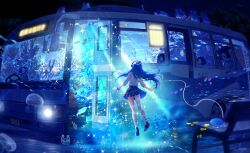  1girl absurdres bench bird bus coral fish floating headphones highres light_rays long_hair makoron117117 motor_vehicle original penguin school_uniform sparkle underwater 