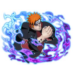  1boy akatsuki_uniform amegakure_symbol black_coat coat ear_piercing face_piercing forehead_protector from_above jewelry looking_at_viewer naruto_(series) naruto_shippuuden naruto_shippuuden:_ultimate_ninja_blazing nose_piercing official_art open-toe_boots orange_hair pain_(naruto) piercing print_coat ring rinnegan short_hair solo violet_eyes yahiko_(naruto) 