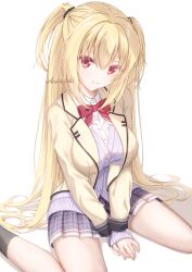  1girl adversarial_noise arihara_nanami arms_between_legs black_scrunchie black_socks blonde_hair blush bow bowtie breasts cardigan cardigan_under_jacket closed_mouth collared_shirt colored_eyelashes commentary dress_shirt eyelashes eyes_visible_through_hair foot_out_of_frame grey_skirt hair_between_eyes hair_ornament hair_scrunchie highres jacket kikka_academy_school_uniform knees_out_of_frame large_breasts long_hair long_sleeves looking_at_viewer miniskirt open_clothes open_jacket own_hands_together plaid_clothes plaid_skirt pleated_skirt purple_cardigan red_bow red_bowtie red_eyes riddle_joker school_uniform scrunchie shirt sidelocks simple_background sitting skirt sleeves_past_wrists smile socks solo straight_hair thighs todokitoki twitter_username two_side_up v_arms very_long_hair wariza white_background white_shirt yellow_jacket 
