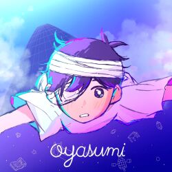  1boy antenna_hair bandage_over_one_eye bandaged_head bandages black_hair blush building falling hair_behind_ear hospital_gown midair namara074 official_alternate_costume omori open_mouth outstretched_arms romaji_text short_hair sky solo suicide sunny_(hospital_gown)_(omori) sunny_(omori) upside-down 