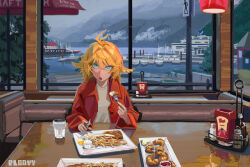  1girl absurdres ahoge artist_name blonde_hair boat booth_seating breasts cruise_ship dokibird eating english_commentary english_text fish_(food) food fork french_fries glass green_eyes hair_intakes highres holding holding_fork holding_knife indie_virtual_youtuber ketchup_bottle knife lamp long_hair long_sleeves looking_at_viewer marina mountain open_clothes open_mouth open_shirt overhead_lights pepper_shaker ploovy red_shirt salt_shaker shirt shrimp tartar_sauce umbrella undershirt virtual_youtuber watercraft white_shirt 