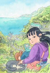  1girl bag blue_sky blunt_bangs brown_shoes bus charm_(object) danfortiz earphones earphones english_commentary forest game_boy handheld_game_console highres hill hood hoodie japan koinobori looking_at_viewer looking_back motor_vehicle nature ocean on_ground original outdoors painting_(medium) petting playing_games purple_hoodie rural shoes shoulder_bag sky stairs stone_lantern stone_stairs torii town traditional_media tuxedo_cat watercolor_(medium) wind windsock 