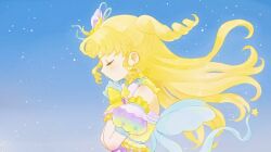  1girl bare_shoulders blonde_hair blue_background blue_gloves blue_ribbon bow bowtie closed_eyes commentary_request dress frilled_sleeves frills gloves hair_bow hair_ribbon idol_time_pripara long_hair morio_(ce_note) multicolored_dress neck_ribbon pink_bow pink_bowtie pink_dress pretty_series print_sleeves pripara profile puffy_short_sleeves puffy_sleeves purple_dress ribbon short_sleeves sleeveless sleeveless_dress solo star_(symbol) star_print two_side_up upper_body very_long_hair yellow_dress yumekawa_yui 