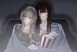  2girls alternate_costume bare_shoulders black_hair blanket blonde_hair blue_eyes brown_sweater closed_mouth columbina_(genshin_impact) commentary couch couple cuddling eating expressionless food food_on_face genshin_impact highres holding_hands long_hair mj_(foruwoaini) multiple_girls off-shoulder_sweater off_shoulder on_couch popcorn popcorn_bucket sandrone_(genshin_impact) shadow shirt sitting slice_of_life striped_clothes striped_shirt sweater violet_eyes watching_movie white_shirt yuri 
