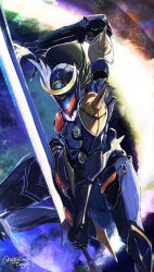  1boy abstract_background android armor artist_name assault_visor black_armor claws commentary_request couter crescent_ornament cuirass cuisses english_commentary full_armor greaves helmet highres holding holding_sword holding_weapon joints leg_up male_focus metal_alkaiser metal_black_(saga_frontier) mixed-language_commentary moon nagasawa_tougo pauldrons poleyn power_armor red_assault_visor rerebrace robot_joints sabaton saga saga_frontier shoulder_armor solo spiked_pauldrons spikes sword tokusatsu twitter_username two-handed_sword upper_body vambraces weapon winged_helmet 