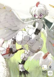  1girl bird chicken chicken_girl chicken_wing commentary_request commission digitigrade harpy highres holding_rake mechanical_wings mechanization monster_girl original rake robot_girl skeb_commission suzukou talons tori_(tama) winged_arms wings 
