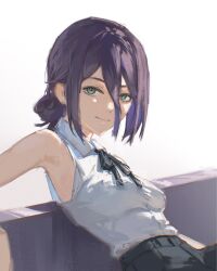  1girl armpits bare_shoulders black_ribbon black_shorts breasts chainsaw_man closed_mouth collared_shirt commentary folded_hair green_eyes hair_between_eyes highres long_hair_between_eyes neck_ribbon purple_hair reze_(chainsaw_man) ribbon shirt shirt_tucked_in short_hair shorts sidelocks sleeveless sleeveless_shirt small_breasts smile solo white_shirt zephyriaaa 