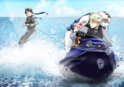  anya_(spy_x_family) bodysuit bond_(spy_x_family) commentary_request diving_suit family furufuru110 jet_ski spy_x_family twilight_(spy_x_family) water water_skiing watercraft wetsuit yor_briar 