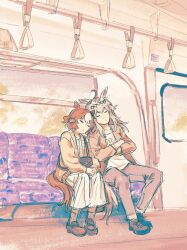  2girls ahoge animal_ears belno_light_(umamusume) brown_cardigan brown_hair cardigan closed_eyes crossed_arms dreadwyrmtrance ear_ribbon grey_hair hair_between_eyes hair_ornament hairband highres horse_ears horse_girl horse_tail jacket letter_hair_ornament long_hair long_sleeves multicolored_hair multiple_girls oguri_cap_(casual)_(umamusume) oguri_cap_(umamusume) open_clothes open_jacket pants parted_lips shirt shoes short_hair sitting skirt socks tail train_interior two-tone_hair umamusume umamusume:_cinderella_gray white_hair white_shirt white_skirt 