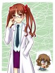  adjusting_glasses bespectacled bra brown_eyes brown_hair chibi cosplay glasses hair_ribbon kiyama_harumi kiyama_harumi_(cosplay) kneeling labcoat lingerie multiple_girls necktie o_o pantyhose piku ribbon shirai_kuroko skirt tears to_aru_kagaku_no_railgun to_aru_majutsu_no_index twintails underwear 