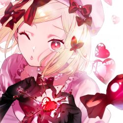  1girl album_cover beret black_gloves blonde_hair blood blood_splatter bow bow_choker butterfly_hair_ornament candy choker commission cover crystal dress food four-finger_heart_hands frilled_dress frilled_shirt_collar frills gloves goku-chan hair_bow hair_ornament hat head_tilt heart heart-shaped_gem heart_hands highres jewelry kiss lambdadelta lens_flare looking_at_viewer necklace one_eye_closed pearl_necklace pink_dress pink_hat portrait puffy_short_sleeves puffy_sleeves red_bow red_eyes short_hair short_sleeves sidelocks solo umineko_no_naku_koro_ni white_background 