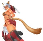  absurdres animal_ears armpits ass back blue_eyes boots bracer breasts butt_crack cat_ears cat_tail facial_mark feathers final_fantasy final_fantasy_xi from_behind gochou_(kedama) hat highres looking_back mithra no_panties red_mage shiny shiny_skin short_hair short_shorts shorts sideboob simple_background smile solo standing tail thigh_boots thighhighs white_hair 