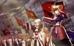  army bedivere fate/stay_night fate_(series) flag highres polearm saber shield skydrg spear sword wallpaper war weapon 