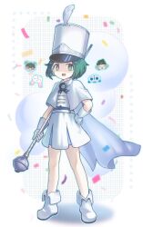  1girl 4others @_@ arucyn boots cape clouds commentary_request confetti full_body gloves green_eyes green_hair hand_on_own_hip highres marching_band marching_band_baton milgram momose_amane multiple_others open_mouth pleated_skirt shaded_face shirt short_hair skirt solo_focus standing white_boots white_cape white_gloves white_shirt white_skirt 