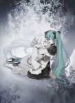  apron barefoot brown_eyes closed_eyes comforting corset green_hair hatsune_miku hug kitano_tomotoshi kneeling long_hair no_socks ponytail shiro_no_musume_(vocaloid) single_shoe tears twintails very_long_hair vocaloid voyakiloid white_hair yowane_haku 