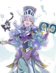  1girl ^_^ accord_sensei accord_sensei_(valkyrie) animal armor ateliermineru black_cat book bridal_gauntlets brooch cat chest_guard closed_eyes commentary cowboy_shot dress facing_viewer falling_feathers faulds feathered_wings feathers glasses hair_tubes hat head_wings highres holding holding_book holding_staff jewelry juliet_sleeves long_hair long_sleeves low_wings mitre open_book open_mouth pauldrons popoi_(puyopuyo) puffy_sleeves purple_armor purple_bridal_gauntlets purple_hair purple_hat puyopuyo puyopuyo_quest round_eyewear shoulder_armor sidelocks simple_background smile staff standing white_background white_dress white_wings wings 