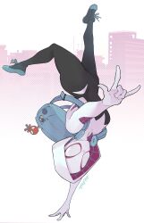  1girl absurdres aqua_bag backpack bag bodysuit colored_shoe_soles commentary gwen_stacy handstand highres hood hooded_bodysuit hoodie looking_at_viewer marvel mask solo spider-gwen spider-man_(series) superhero_costume sushi_pizza_rrr white_bodysuit white_hoodie white_mask 