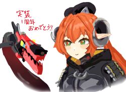  1girl 1other black_hat black_horns closed_mouth commentary_request curled_horns dragon_girl dragon_horns green_eyes hair_between_eyes hat highres horns long_hair looking_at_another magus_(zenless_zone_zero) mechanical_horns mechanical_tail orange_hair orange_pupils orphie_magnusson pointy_ears portrait simple_background smile tail translation_request twintails uwanby1012 white_background zenless_zone_zero 
