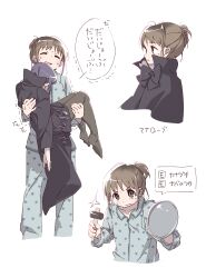  2girls black_eyes black_pantyhose boro_(tn-boro) brown_hair carrying closed_eyes commentary_request drill_hair hammer highres holding holding_hammer kotori_nanaya long_hair mahou_shoujo_ikusei_keikaku mahou_shoujo_ikusei_keikaku_limited mana_(mahoiku) multiple_girls pajamas pantyhose princess_carry purple_hair short_hair speech_bubble translation_request 
