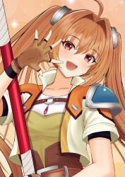  1girl :d abstract_background absurdres ahoge armor belt bo_staff brown_background brown_belt brown_gloves brown_hair commentary_request cropped_jacket double-parted_bangs eiyuu_densetsu estelle_bright fingerless_gloves gem gloves hair_between_eyes hair_intakes hairband hand_up head_tilt high_collar highres holding holding_staff holding_weapon jacket jewelry leather leather_belt leather_gloves long_hair looking_at_viewer metal_hairband open_clothes open_hand open_jacket open_mouth pauldrons pendant red_eyes red_gem riraranran short-sleeved_jacket short_sleeves shoulder_armor single_pauldron smile solo sora_no_kiseki sora_no_kiseki_sc staff teardrop-shaped_gem twintails underbust upper_body waving weapon 