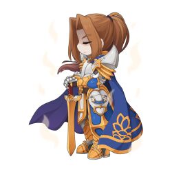  1boy armor armored_boots aura bio_lab blue_cape boots breastplate brown_hair cape chibi chibi_only closed_eyes closed_mouth curtained_hair faulds full_body high_ponytail holding holding_sword holding_weapon leg_armor male_focus official_alternate_costume official_art pauldrons ponytail ragnarok_online randel_lawrence royal_guard_(ragnarok_online) shaded_face shoulder_armor simple_background solo standing sword tachi-e transparent_background weapon yuichirou 