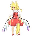  animal_ears arikichi_gen bad_id blonde_hair flandre_scarlet highres kemonomimi_mode looking_back no_hat no_headwear ponytail red_eyes short_hair side_ponytail solo standing tail touhou transparent_background wings 