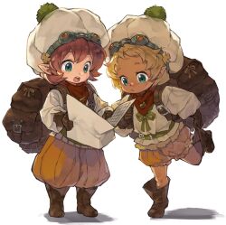  1boy 1girl backpack bag baggy_pants blonde_hair boots bronie_(sekaiju) bronie_2_(sekaiju) brown_bag brown_boots brown_gloves brown_hair commentary_request gloves goeppe goggles goggles_on_head green_eyes handkerchief hat highres holding holding_map map map_(object) open_mouth orange_pants pants pointy_ears red_handkerchief sekaiju_no_meikyuu sekaiju_no_meikyuu_5 shirt simple_background standing standing_on_one_leg white_background white_hat white_shirt 