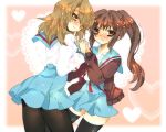  blush brown_eyes brown_hair cardigan genderswap hand_holding harenotihimawari holding_hands koizumi_itsuki_(female) kyonko long_hair pantyhose ponytail school_uniform suzumiya_haruhi_no_yuuutsu thigh-highs thighhighs wink 