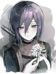  1girl backpack bag bbudigii black_choker blush breasts brown_bag chainsaw_man choker closed_mouth collarbone cropped_torso daisy_(flower) double-parted_bangs eyelashes flower green_eyes green_shirt hair_between_eyes highres holding holding_flower long_hair_between_eyes looking_at_viewer medium_breasts medium_hair no_mole purple_hair reze_(chainsaw_man) scene_reference shirt sidelocks simple_background sketch smile solo 