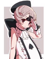  1girl black_gloves black_hair boro_(tn-boro) closed_mouth commentary_request dress frilled_dress frills gloves grey_eyes grey_hair magical_girl mahou_shoujo_ikusei_keikaku mahou_shoujo_ikusei_keikaku_jokers multicolored_hair salute short_hair shufflin spade-shaped_pupils spade_(shape) two-tone_hair white_gloves 