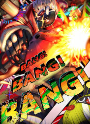  1boy 2girls absurdres amillion_(zenless_zone_zero) anby_demara billy_kid bullet clothed_robot commentary_request firing glowing glowing_eye gun highres holding holding_gun holding_weapon humanoid_robot jacket looking_at_viewer male_focus multiple_girls nicole_demara outstretched_arm reaching reaching_towards_viewer red_jacket robot robot_boy short_hair solo spiky_hair weapon white_hair yama_kabosu yellow_eyes zenless_zone_zero 