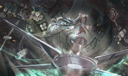  1girl absurdres aqua_hair blunt_bangs bracelet cokei collared_halterneck debris double_bun dress floating_hair flying hair_bun hair_over_eyes hand_up highres jewelry long_hair long_sidelocks one_eye_covered open_mouth original red_eyes science_fiction short_dress sidelocks sleeveless sleeveless_dress solo space standing very_long_hair white_dress wide_shot 
