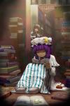  absurdres bat_wings book bookshelf closed_eyes crescent death_note_(object) engrish hat head_wings highres koakuma library long_hair multiple_girls necktie patchouli_knowledge purple_hair ranguage red_eyes red_hair redhead sitting syao touhou voile wings 