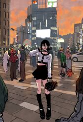  2girls 3boys androgynous angel_devil_(chainsaw_man) angel_wings bag black_choker black_hair black_shoes black_shorts black_skirt black_socks black_trim blonde_hair bomb_hybrid_(chainsaw_man) breasts brown_pants casual chainsaw_man character_bag choker city commentary_request creature crop_top demon_girl demon_horns denji_(chainsaw_man) full_body green_eyes green_shirt grey_jacket grey_pants hair_between_eyes hair_bun halo hand_in_pocket hayakawa_aki highres holding holding_bag horns jacket long_hair medium_breasts medium_hair midriff multiple_boys multiple_girls open_mouth outdoors pants pink_shirt pochita_(chainsaw_man) power_(chainsaw_man) red_hair red_horns red_jacket reze_(chainsaw_man) shirt shoes short_hair shorts skirt smile socks standing takeuchi_ryousuke traditional_halo updo white_shirt white_wings wings 