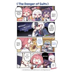  >_< 6+girls aru_(blue_archive) blazer blue_archive blunt_bangs breasts character_name chibi closed_eyes collared_shirt commentary cup donmin_h dress_shirt earclip eating english_commentary english_text fork gradient_hair grey_hair hair_between_eyes hair_ornament hairclip halo hands_up haruka_(blue_archive) hat highres holding holding_cup holding_fork jacket kayoko_(blue_archive) large_breasts long_hair long_sleeves looking_at_viewer multicolored_hair multiple_girls mutsuki_(blue_archive) necktie no_nose official_art open_mouth pink_hair pointy_ears police_hat purple_hair purple_halo shirt smile speech_bubble v-shaped_eyebrows violet_eyes white_shirt 