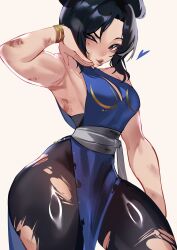  1girl absurdres bare_arms blue_dress breasts brown_eyes brown_hair brown_pantyhose bruise bruise_on_arm bruise_on_face chinese_clothes chun-li double_bun dress hair_bun highres injury pantyhose pelvic_curtain qipao short_hair sleeveless sleeveless_dress solo street_fighter street_fighter_(2026_movie) suliavtuber thick_thighs thighs torn_clothes torn_pantyhose 