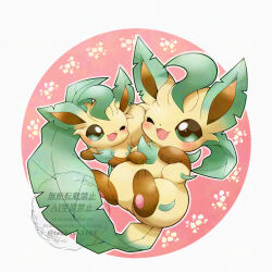  absurdres blush border commentary_request full_body green_eyes highres leafeon no_humans one_eye_closed open_mouth pawpads pokemon pokemon_(creature) round_border tsukasa_pika watermark 