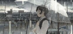  1girl absurdres black_vest boat braid brown_hair building canal commentary_request dock dress_shirt from_side glasses grey_hat grey_ribbon grey_sky hat highres holding holding_umbrella long_hair long_sleeves looking_ahead low_twin_braids neck_ribbon nekojarashi_(yuuga) original outdoors overcast power_lines rain ribbon round_eyewear shirt sky solo transparent transparent_umbrella twin_braids umbrella upper_body urban utility_pole vest watercraft white_shirt 