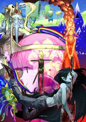  4girls 6+boys absurdres adventure_time arnanra beard black_hair bmo commentary crown dress earl_of_lemongrab facial_hair fiery_hair finn_the_human flame_princess floating guitar gunter_(adventure_time) highres ice_king instrument jake_the_dog lady_rainicorn long_nose looking_at_viewer magic_man_(adventure_time) marceline_abadeer midriff multiple_boys multiple_girls navel pink_hair playing_guitar playing_instrument princess_bonnibel_bubblegum round_eyewear sharp_teeth simon_petrikov smoke t-pose tank_top teeth tiara 
