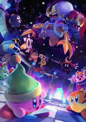  absurdres armor bandana bandana_waddle_dee beam_kirby bell bell_kirby bell_kirby_(sleigh_bell) blonde_hair blush_stickers checkered_floor commentary_request copy_ability cowboy_hat fake_facial_hair fake_mustache fire gooey_(kirby) gooey_(mock_matter)_(kirby) hammer hat helmet highres holding holding_sword holding_weapon japanese_armor kabuto_(helmet) king_dedede kirby kirby_(series) kirby_fighters_2 luchador_mask magolor mask meta_knight multiple_persona ninja_kirby ninja_kirby_(samurai_helmet) no_humans polearm pom_pom_(cheerleading) rayman_limbs revision shadow_kirby sky smile solid_oval_eyes spear staff_kirby staff_kirby_(cheer_style) star_(sky) star_(symbol) starry_sky suyasuyabi sword sword_kirby void_face waning_crescent_masked_dedede waxing_crescent_masked_meta_knight weapon whip whip_kirby wrestler_kirby 